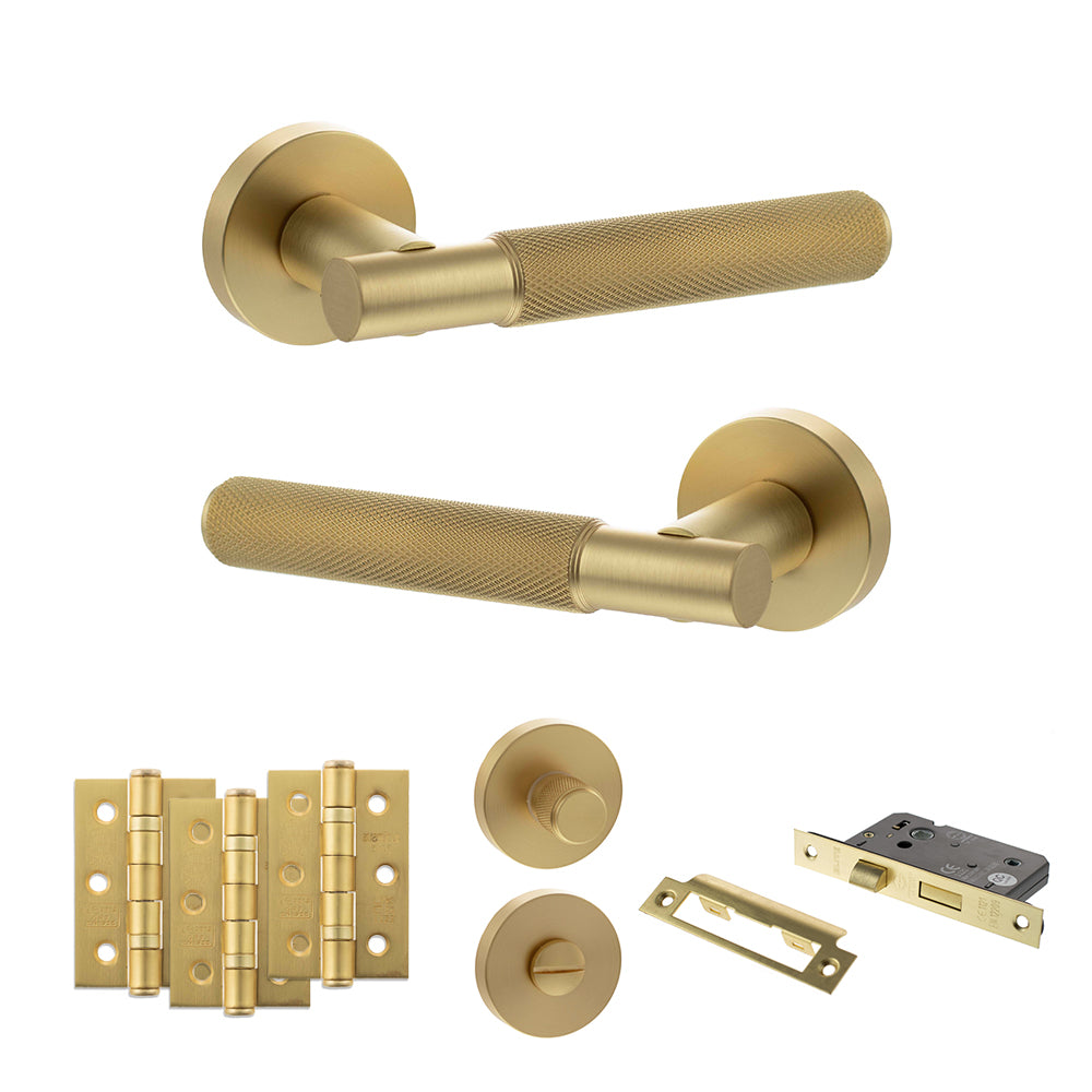 Senza Pari Rosarno Door Handle Pack (Bathroom Set - 2.5" CE Bathroom Lock, 3" Premium Hinges x3) - Satin Brass