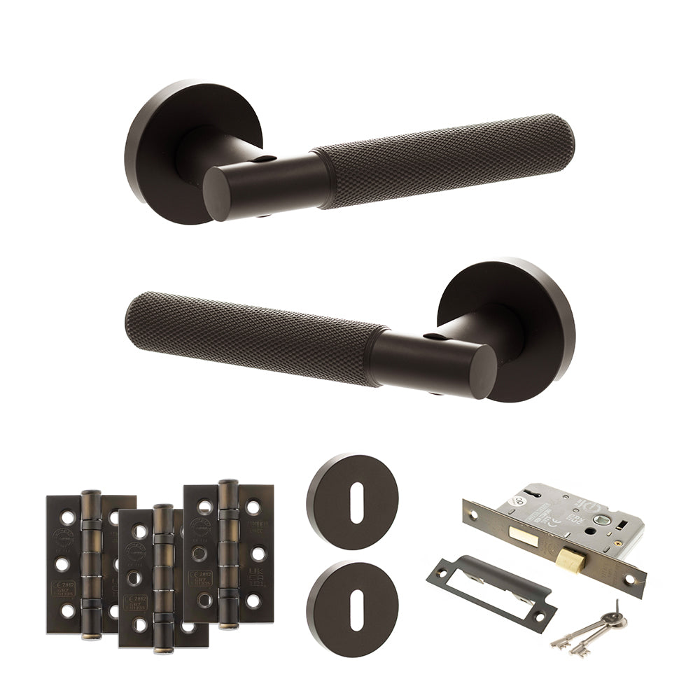Senza Pari Rosarno Door Handle Pack (3 Lever Lock Set - 2.5" CE Sashlock, 3" Premium Hinges x3) - Urban Dark Bronze