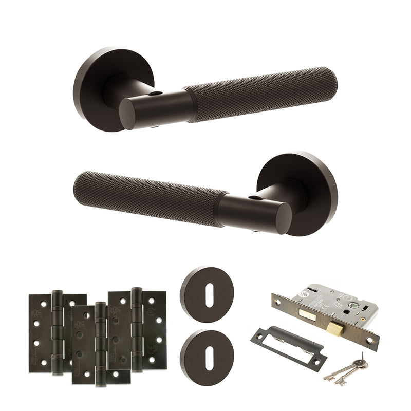 Senza Pari Rosarno Door Handle Pack (3 Lever Lock Set - 2.5" CE Sashlock, 4" Fire Rated Hinges x3) - Urban Dark Bronze