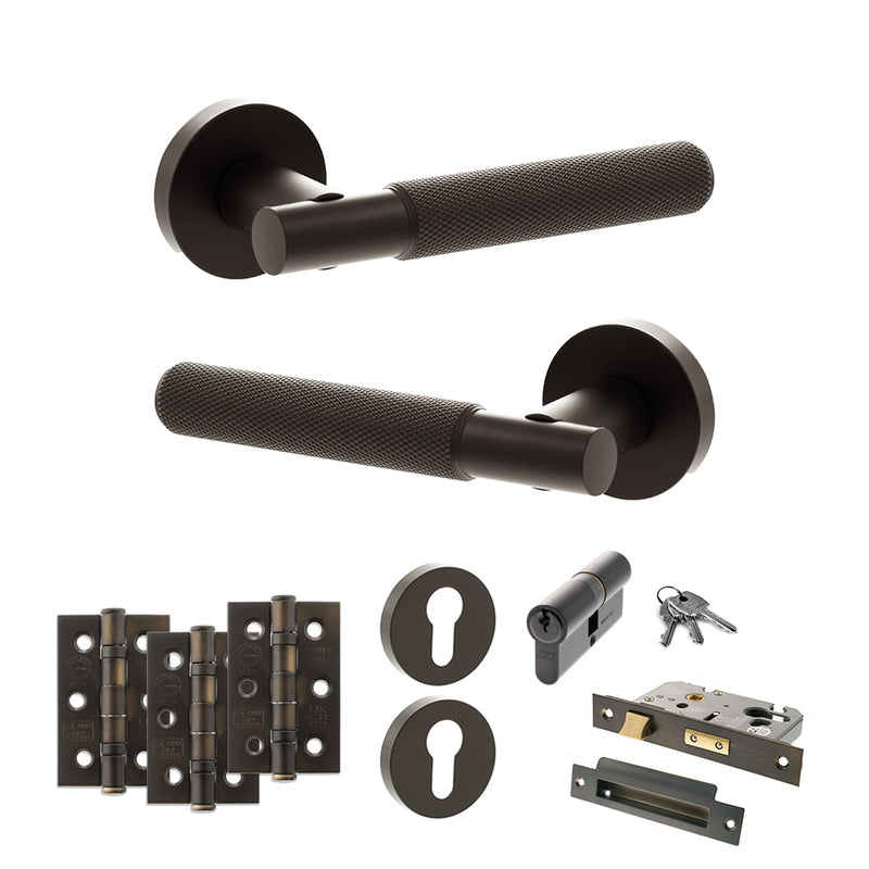 Senza Pari Rosarno Door Handle Pack (Euro Lock Set - 2.5" CE Sashlock, 3" Premium Hinges x3) - Urban Dark Bronze