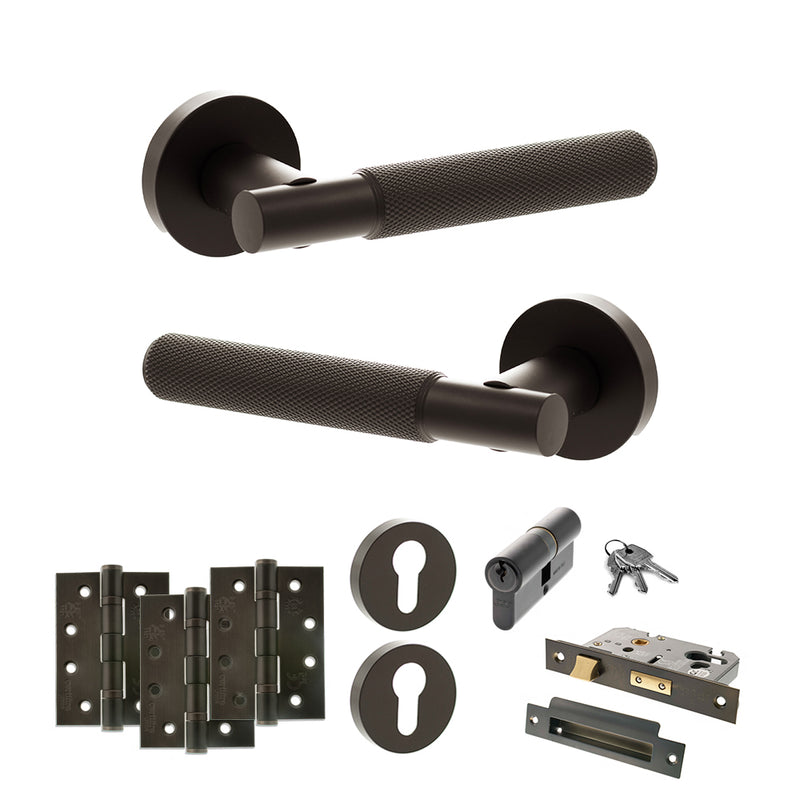Senza Pari Rosarno Door Handle Pack (Euro Lock Set - 3" CE Sashlock, 4" Fire Rated Hinges x3) - Urban Dark Bronze