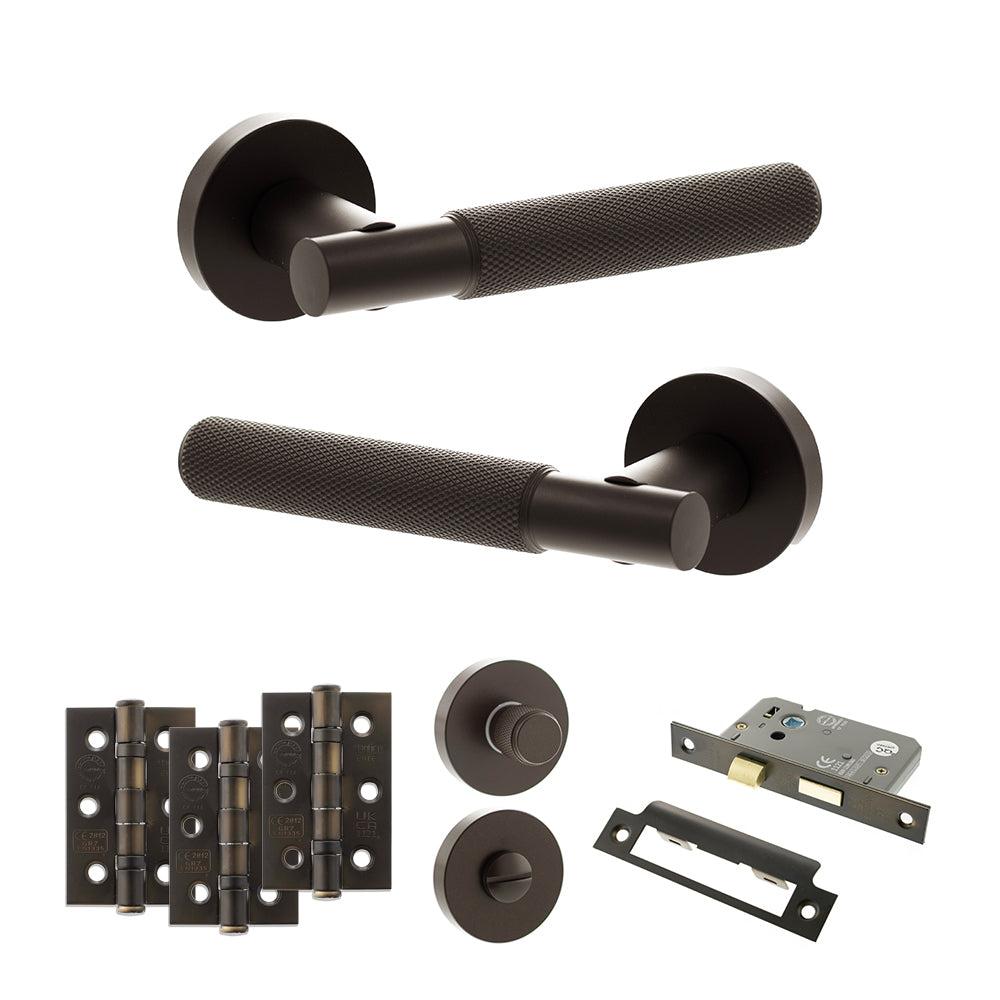 Senza Pari Rosarno Door Handle Pack (Bathroom Set - 2.5" CE Bathroom Lock, 3" Premium Hinges x3) - Urban Dark Bronze