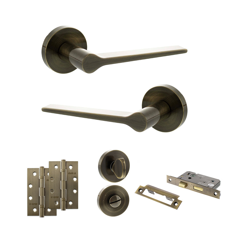 Senza Pari Laviano Door Handle Pack (Bathroom Set - 3" CE Bathroom Lock, 4" Slim Knuckle Hinges x2) - Antique Brass