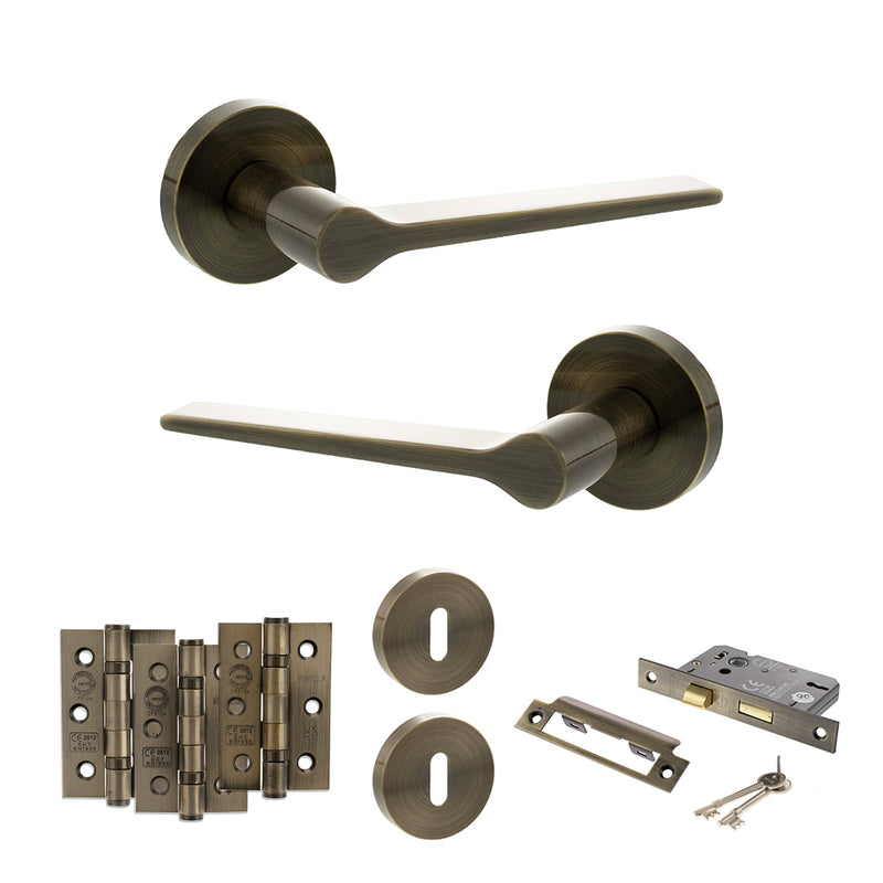 Senza Pari Laviano Door Handle Pack (3 Lever Lock Set - 3" CE Sashlock, 3" Premium Hinges x3) - Antique Brass