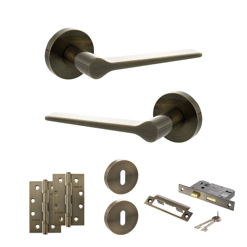 Senza Pari Laviano Door Handle Pack (3 Lever Lock Set - 3" CE Sashlock, 4" Slim Knuckle Hinges x2) - Antique Brass