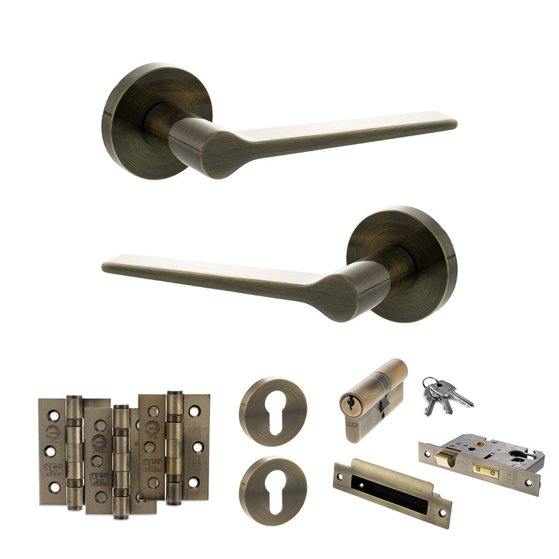 Senza Pari Laviano Door Handle Pack (Euro Lock Set - 3" CE Sashlock, 3" Premium Hinges x3) - Antique Brass