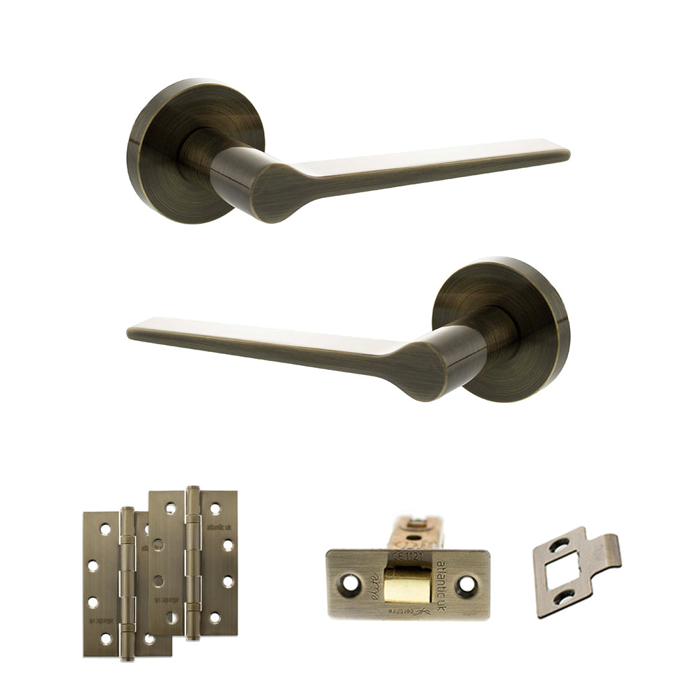 Senza Pari Laviano Door Handle Pack (Latch Set - 2.5" CE Latch, 4" Slim Knuckle Hinges x2) - Antique Brass