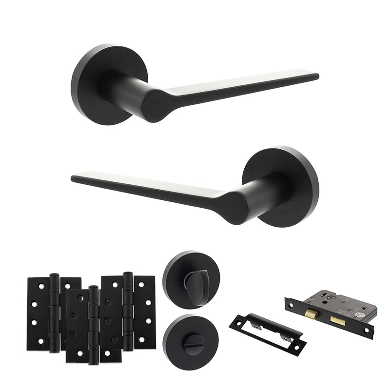 Senza Pari Laviano Door Handle Pack (Bathroom Set - 2.5" CE Bathroom Lock, 4" Fire Rated Hinges x3) - Matt Black