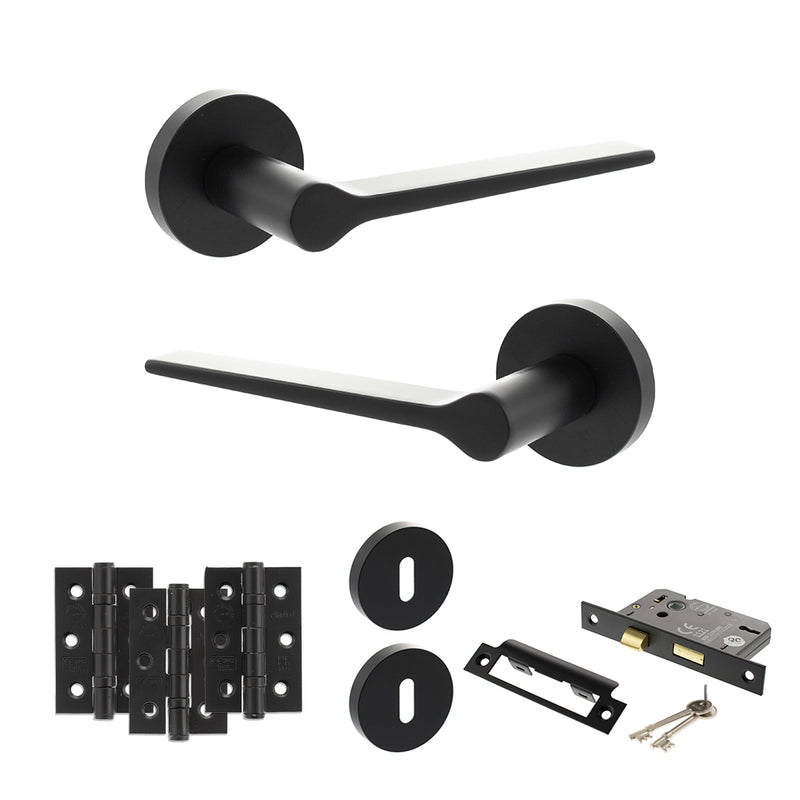 Senza Pari Laviano Door Handle Pack (3 Lever Lock Set - 2.5" CE Sashlock, 3" Premium Hinges x3) - Matt Black