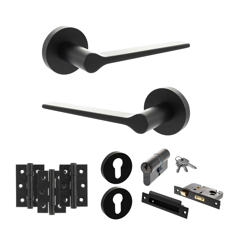 Senza Pari Laviano Door Handle Pack (Euro Lock Set - 2.5" CE Sashlock, 3" Premium Hinges x3) - Matt Black