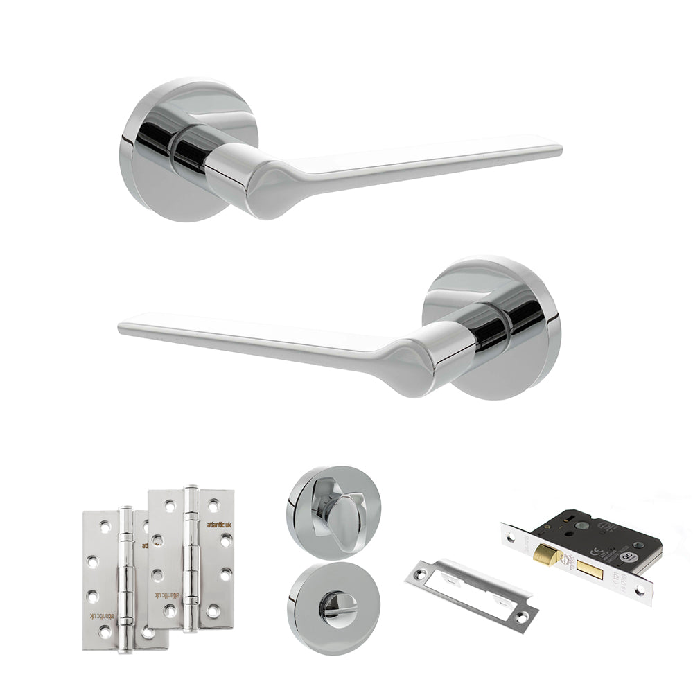 Senza Pari Laviano Door Handle Pack (Bathroom Set - 2.5" CE Bathroom Lock, 4" Slim Knuckle Hinges x2) - Polished Chrome