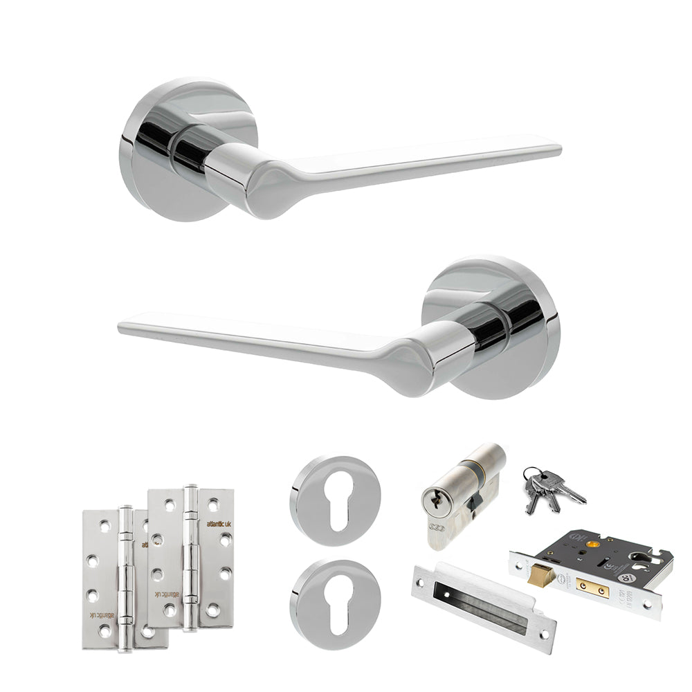 Senza Pari Laviano Door Handle Pack (Euro Lock Set - 2.5" CE Sashlock, 4" Slim Knuckle Hinges x2) - Polished Chrome