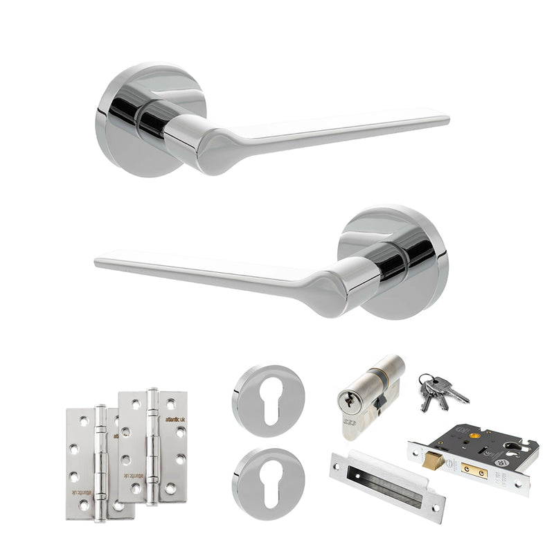 Senza Pari Laviano Door Handle Pack (Euro Lock Set - 2.5" CE Sashlock, 4" Slim Knuckle Hinges x2) - Polished Chrome