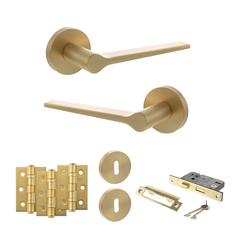 Senza Pari Laviano Door Handle Pack (3 Lever Lock Set - 2.5" CE Sashlock, 3" Premium Hinges x3) - Satin Brass