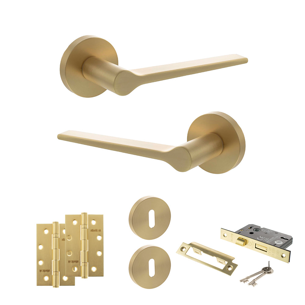 Senza Pari Laviano Door Handle Pack (3 Lever Lock Set - 3" CE Sashlock, 4" Slim Knuckle Hinges x2) - Satin Brass