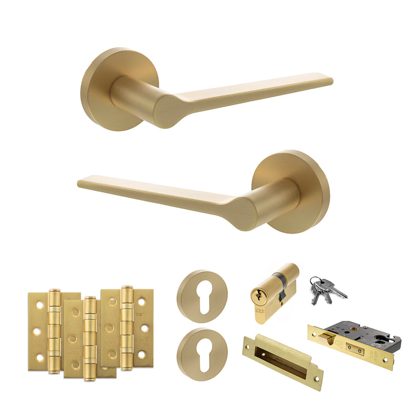 Senza Pari Laviano Door Handle Pack (Euro Lock Set - 2.5" CE Sashlock, 3" Premium Hinges x3) - Satin Brass