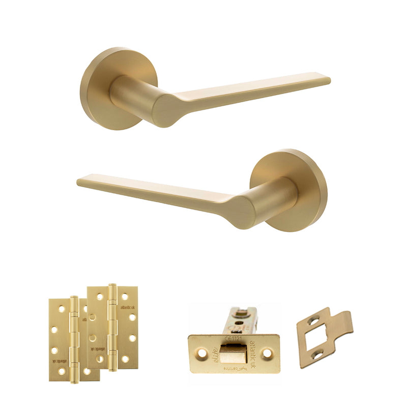 Senza Pari Laviano Door Handle Pack (Latch Set - 3" CE Latch, 4" Slim Knuckle Hinges x2) - Satin Brass