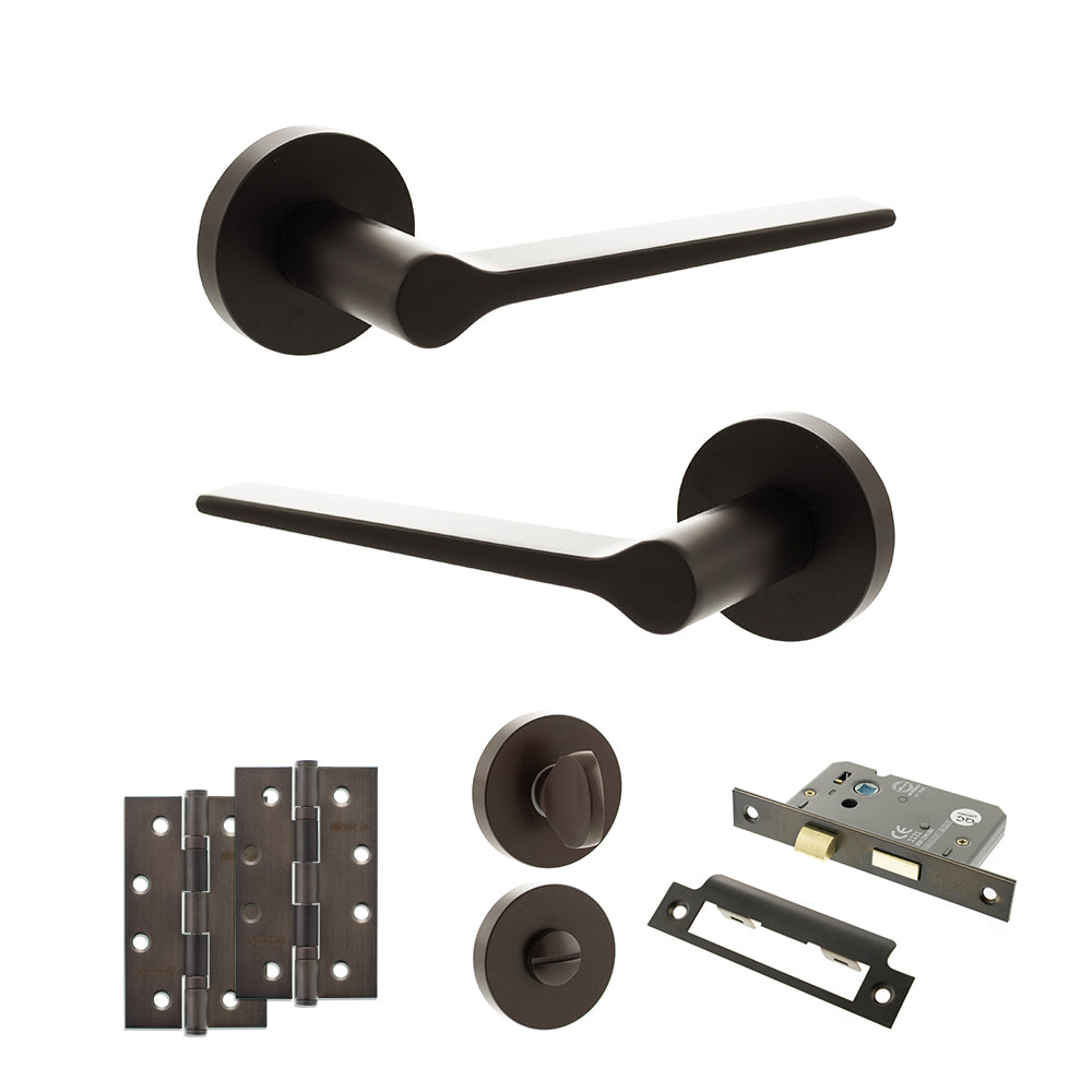 Senza Pari Laviano Door Handle Pack (Bathroom Set - 3" CE Bathroom Lock, 4" Slim Knuckle Hinges x2) - Urban Dark Bronze