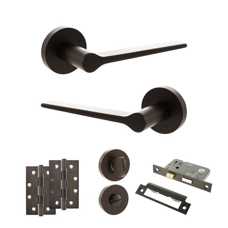 Senza Pari Laviano Door Handle Pack (Bathroom Set - 3" CE Bathroom Lock, 4" Slim Knuckle Hinges x2) - Urban Dark Bronze