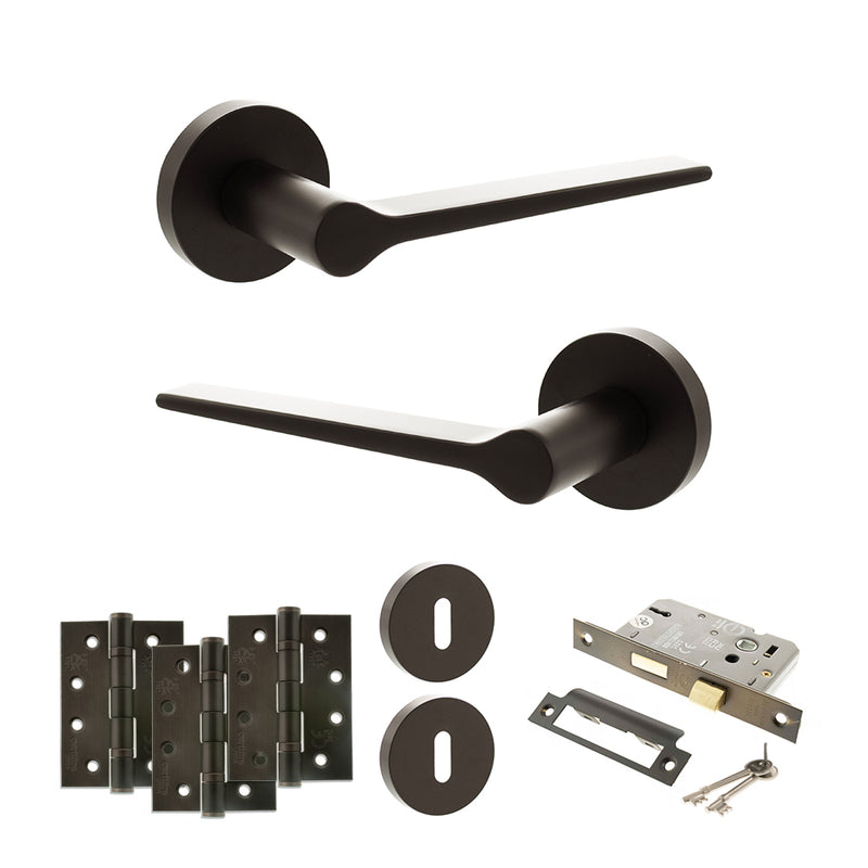 Senza Pari Laviano Door Handle Pack (3 Lever Lock Set - 2.5" CE Sashlock, 4" Fire Rated Hinges x3) - Urban Dark Bronze