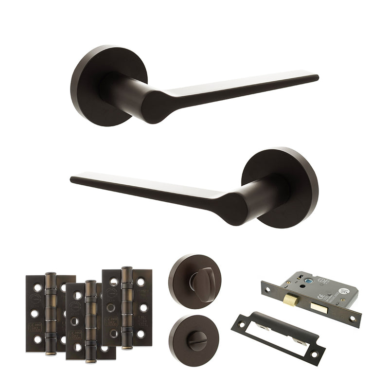 Senza Pari Laviano Door Handle Pack (Bathroom Set - 2.5" CE Bathroom Lock, 3" Fire Rated Hinges x3) - Urban Dark Bronze