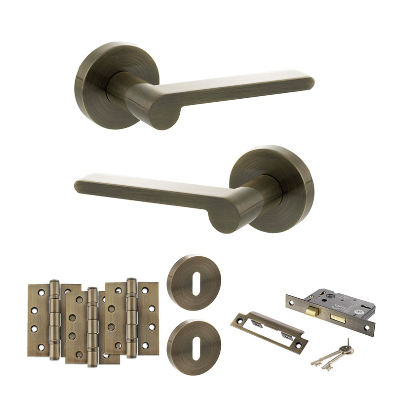 Senza Pari Darrio Door Handle Pack (3 Lever Lock Set - 3" CE Sashlock, 4" Fire Rated Hinges x3) - Antique Brass