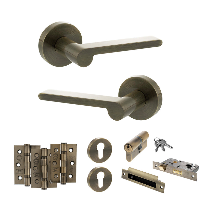 Senza Pari Darrio Door Handle Pack (Euro Lock Set - 3" CE Sashlock, 3" Premium Hinges x3) - Antique Brass