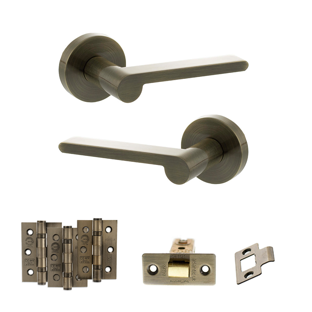 Senza Pari Darrio Door Handle Pack (Latch Set - 3" CE Latch, 3" Premium Hinges x3) - Antique Brass