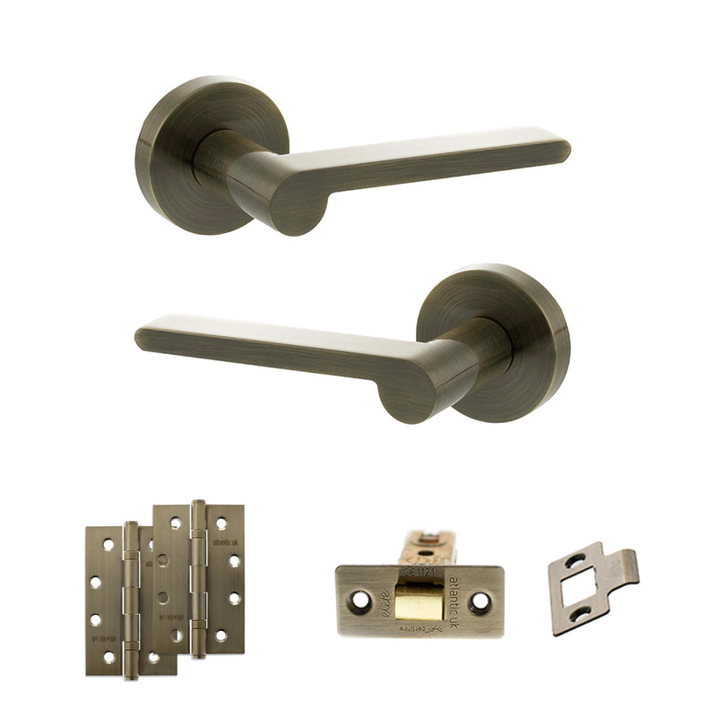 Senza Pari Darrio Door Handle Pack (Latch Set - 3" CE Latch, 4" Slim Knuckle Hinges x2) - Antique Brass