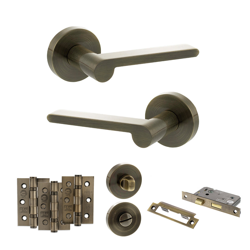 Senza Pari Darrio Door Handle Pack (Bathroom Set - 3" CE Bathroom Lock, 3" Premium Hinges x3) - Antique Brass