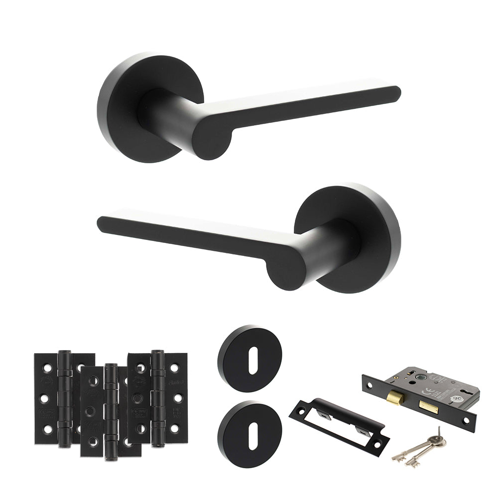 Senza Pari Darrio Door Handle Pack (3 Lever Lock Set - 2.5" CE Sashlock, 3" Premium Hinges x3) - Matt Black