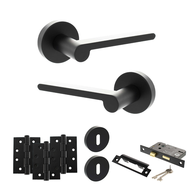 Senza Pari Darrio Door Handle Pack (3 Lever Lock Set - 3" CE Sashlock, 4" Fire Rated Hinges x3) - Matt Black