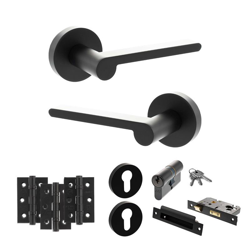 Senza Pari Darrio Door Handle Pack (Euro Lock Set - 2.5" CE Sashlock, 3" Premium Hinges x3) - Matt Black