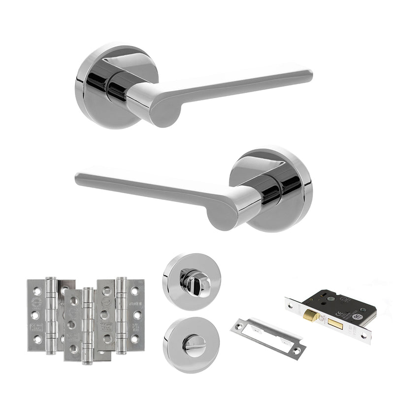 Senza Pari Darrio Door Handle Pack (Bathroom Set - 2.5" CE Bathroom Lock, 3" Fire Rated Hinges x3) - Polished Chrome