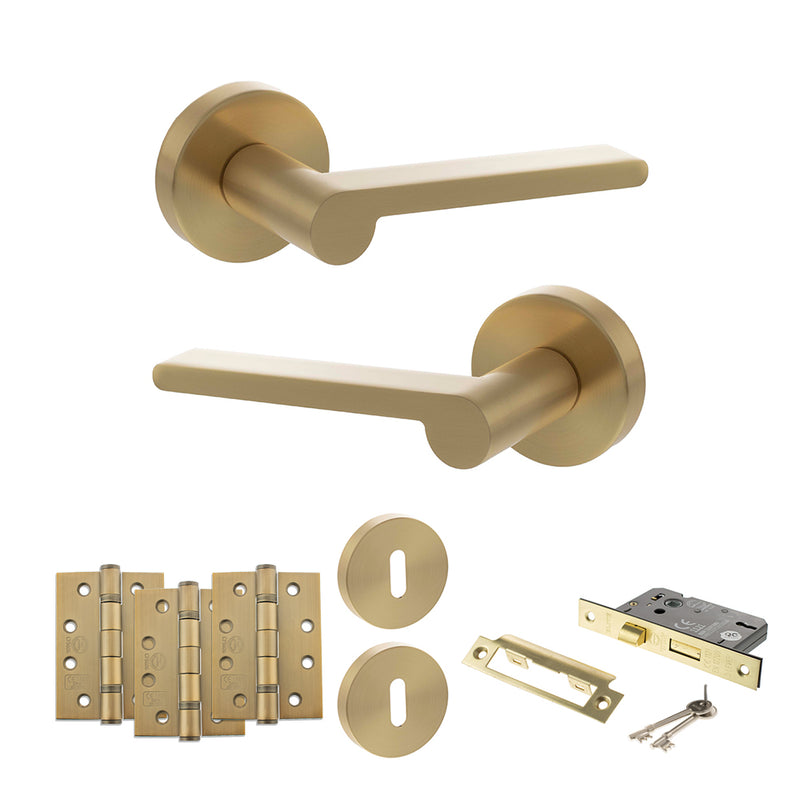 Senza Pari Darrio Door Handle Pack (3 Lever Lock Set - 2.5" CE Sashlock, 4" Fire Rated Hinges x3) - Satin Brass