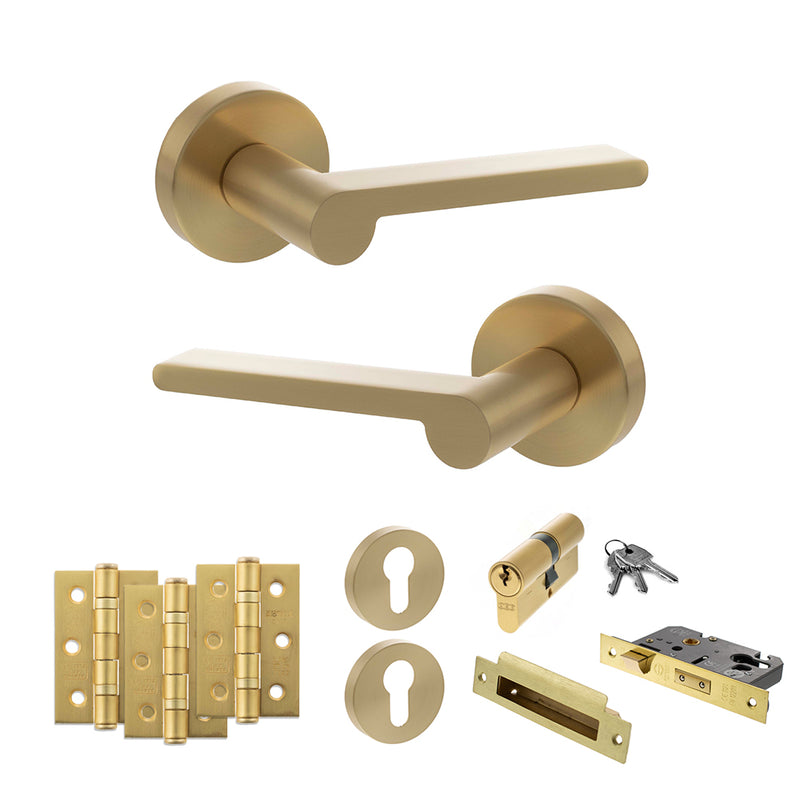 Senza Pari Darrio Door Handle Pack (Euro Lock Set - 2.5" CE Sashlock, 3" Premium Hinges x3) - Satin Brass
