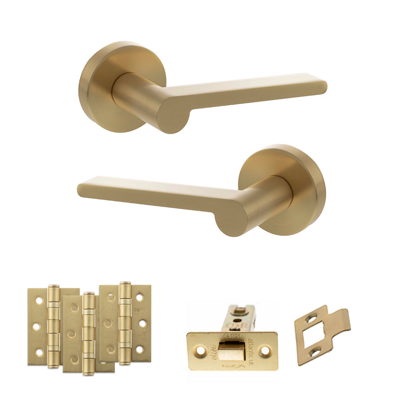 Senza Pari Darrio Door Handle Pack (Latch Set - 3" CE Latch, 3" Premium Hinges x3) - Satin Brass