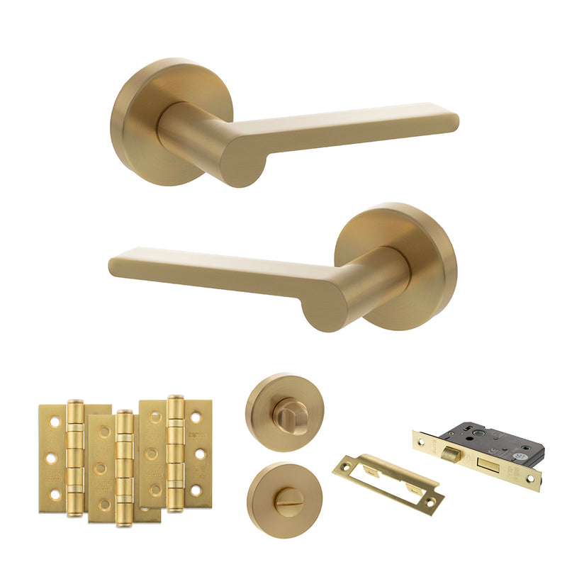 Senza Pari Darrio Door Handle Pack (Bathroom Set - 3" CE Bathroom Lock, 3" Premium Hinges x3) - Satin Brass