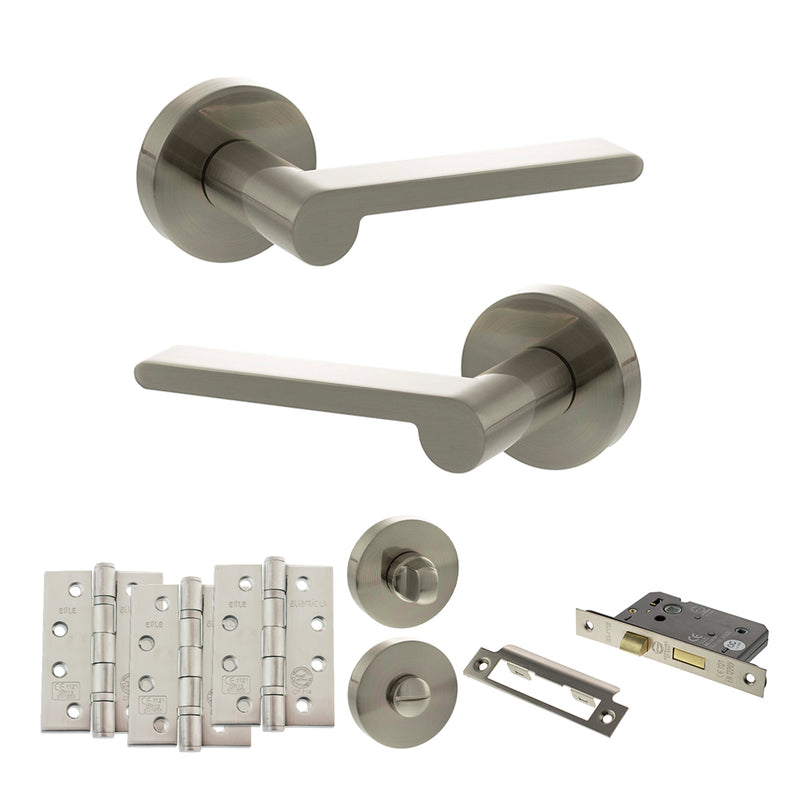 Senza Pari Darrio Door Handle Pack (Bathroom Set - 2.5" CE Bathroom Lock, 4" Fire Rated Hinges x3) - Satin Nickel