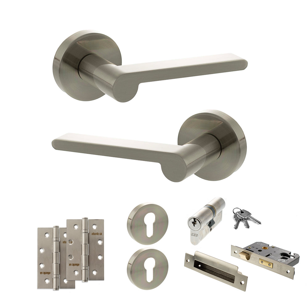 Senza Pari Darrio Door Handle Pack (Euro Lock Set - 3" CE Sashlock, 4" Slim Knuckle Hinges x2) - Satin Nickel