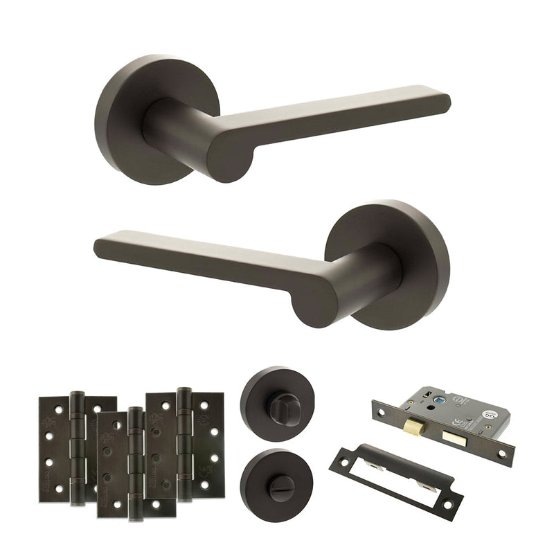 Senza Pari Darrio Door Handle Pack (Bathroom Set - 2.5" CE Bathroom Lock, 4" Fire Rated Hinges x3) - Urban Dark Bronze