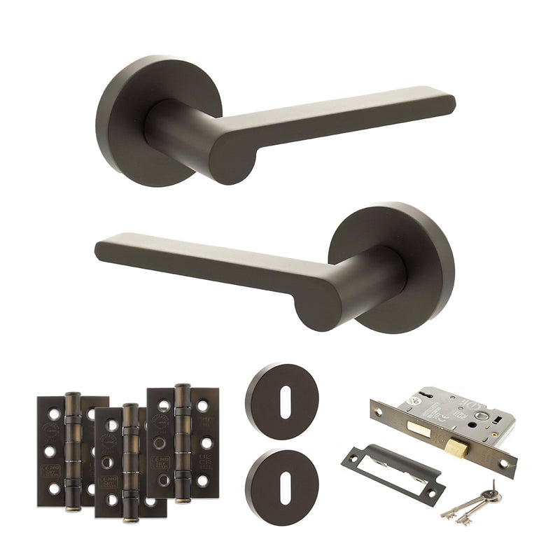 Senza Pari Darrio Door Handle Pack (3 Lever Lock Set - 2.5" CE Sashlock, 3" Fire Rated Hinges x3) - Urban Dark Bronze