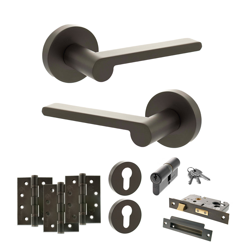 Senza Pari Darrio Door Handle Pack (Euro Lock Set - 2.5" CE Sashlock, 4" Fire Rated Hinges x3) - Urban Dark Bronze