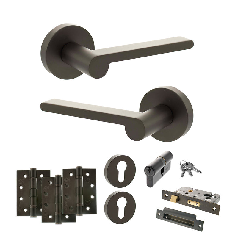 Senza Pari Darrio Door Handle Pack (Euro Lock Set - 2.5" CE Sashlock, 4" Fire Rated Hinges x3) - Urban Dark Bronze