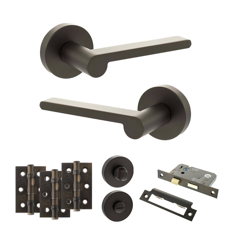 Senza Pari Darrio Door Handle Pack (Bathroom Set - 3" CE Bathroom Lock, 3" Premium Hinges x3) - Urban Dark Bronze