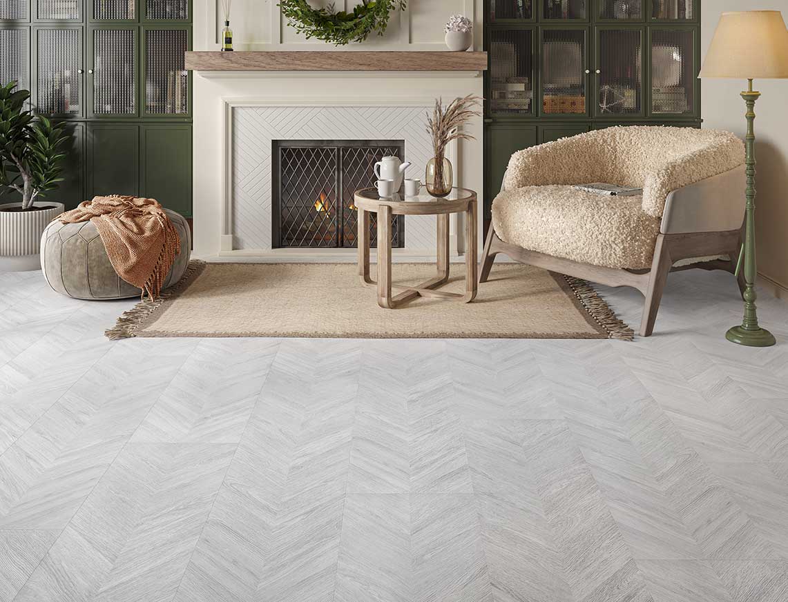 AGT Pruva 8mm Ales Silver & White Chevron Laminate Flooring | 327 x 1200 x 8mm