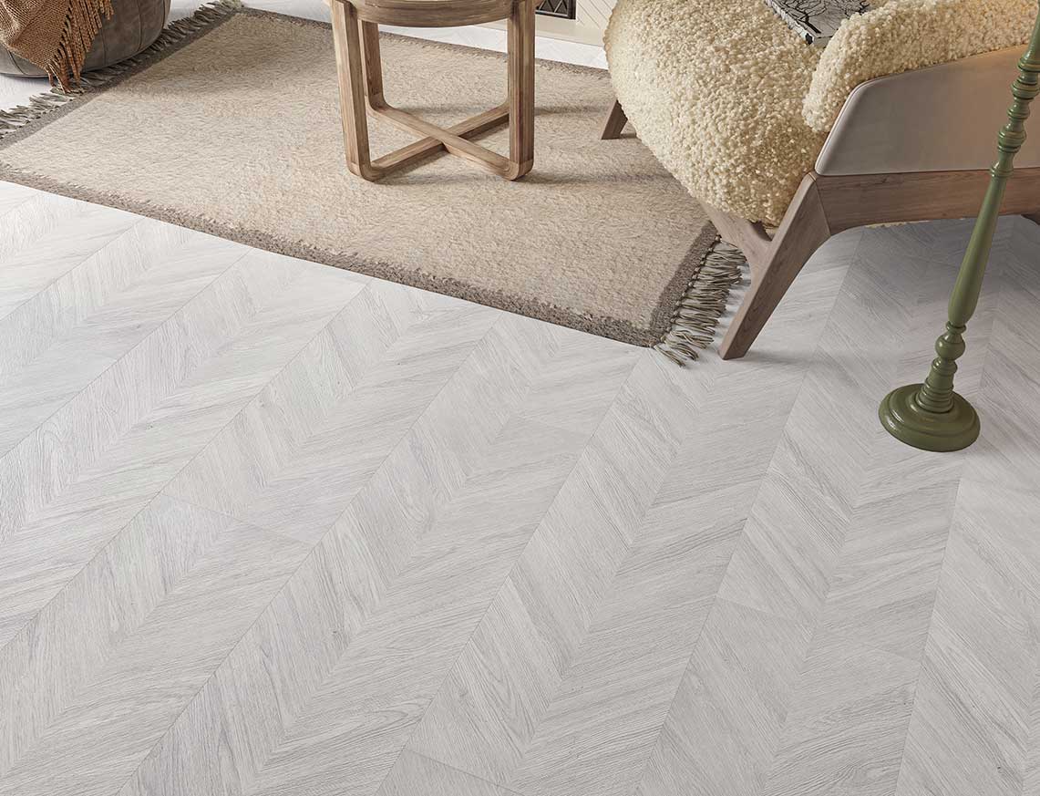 AGT Pruva 8mm Ales Silver & White Chevron Laminate Flooring | 327 x 1200 x 8mm