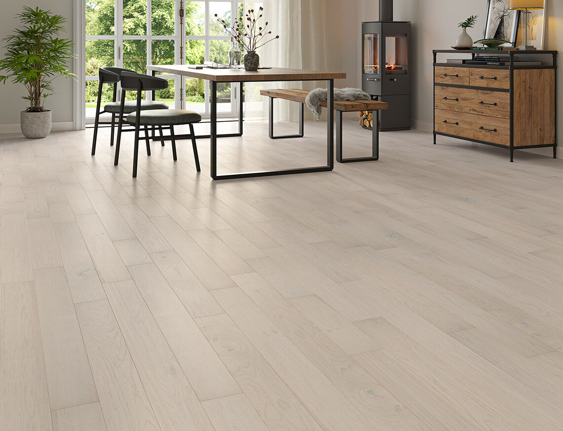 Belvoir Oak Double White Brushed Plank Engineered Wood Flooring | UV Oiled | 125 x 300-1200 x 10/2.5mm