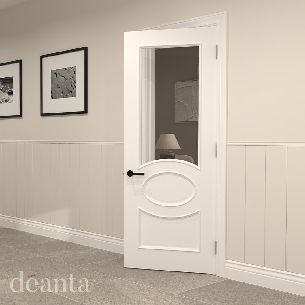Deanta Clarendon White Primed Bevelled Glazed Door FSC