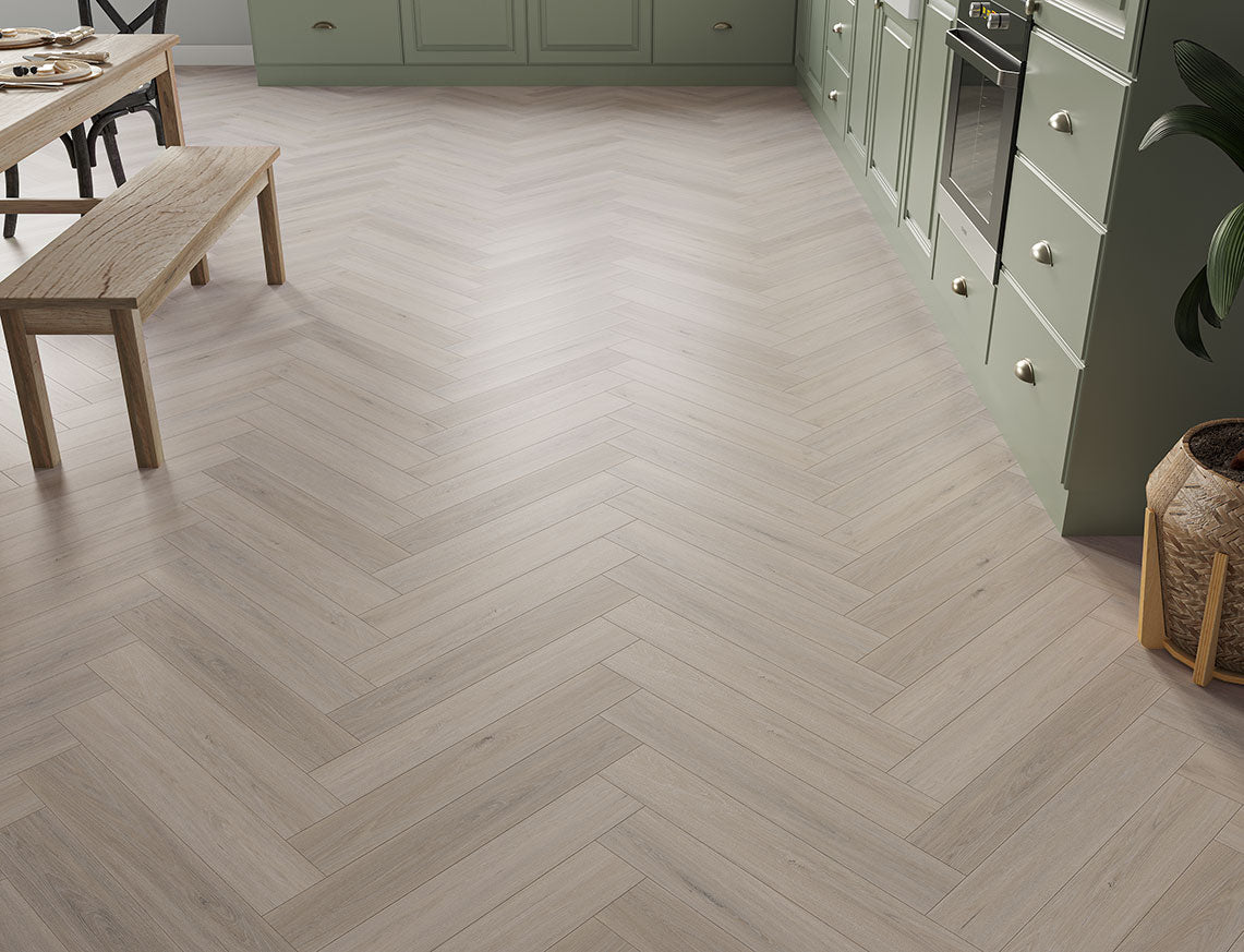 Compton Oak Light Grey Oak Herringbone LVT Flooring | 128 x 615 x 5/0.5mm